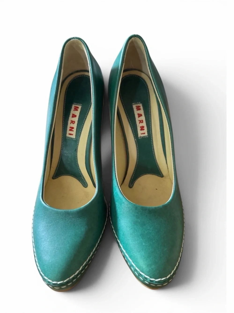 Marni Teal Leather Stitched Platform Pumps - Picture 2 of 5